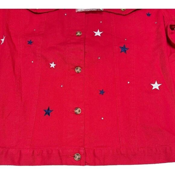 Quacker Factory Denim Jacket Red Stars Medium NEW Fourth Of July Patriotic Top - Picture 2 of 5